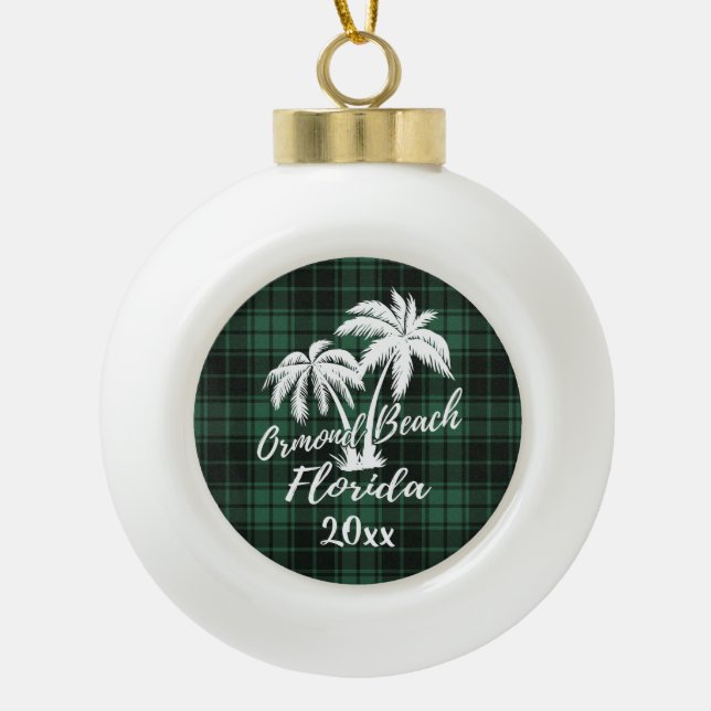 Ormond Beach Florida Palm Tree Green Kariert Keramik Kugel-Ornament (Vorderseite)