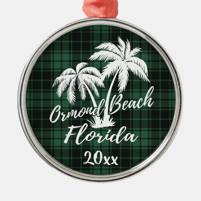 Ormond Beach Florida Palm Tree Green Kariert Ornament Aus Metall (Vorne)