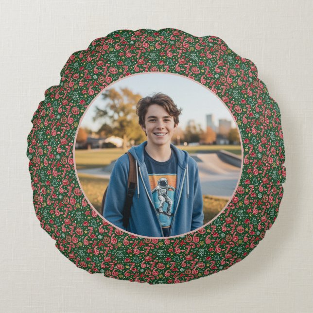 Ornament 6-7 Meme One Photo Christmas Doodles Rundes Kissen (Vorderseite)