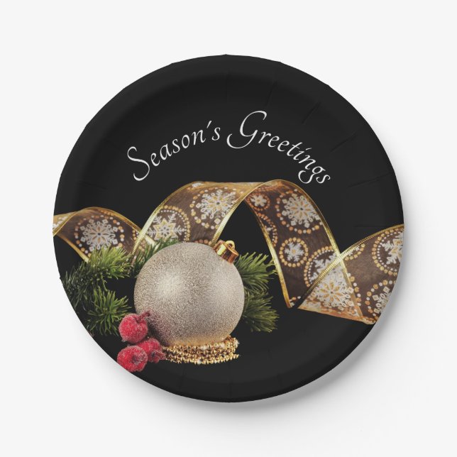 Ornament, Evergreen und Gold Band Pappteller (Vorderseite)