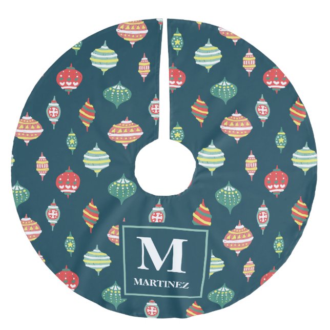 Ornament-Muster auf Blau mit Monogramm-Namen Polyester Weihnachtsbaumdecke (Vorderseite)