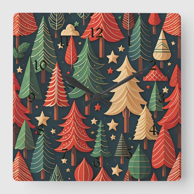 Ornamental Christmas Tree pattern Quadratische Wanduhr (Vorderseite)