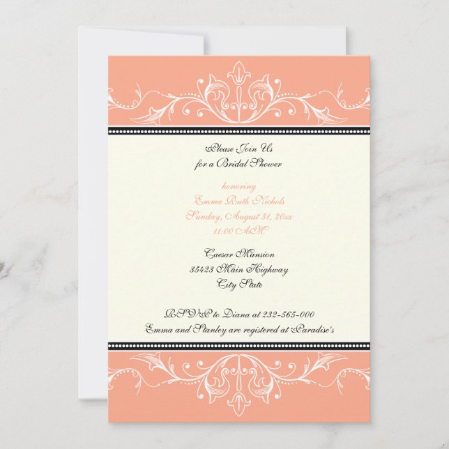 Ornamental Coral White Bridal Shower Einladung (Vorderseite)