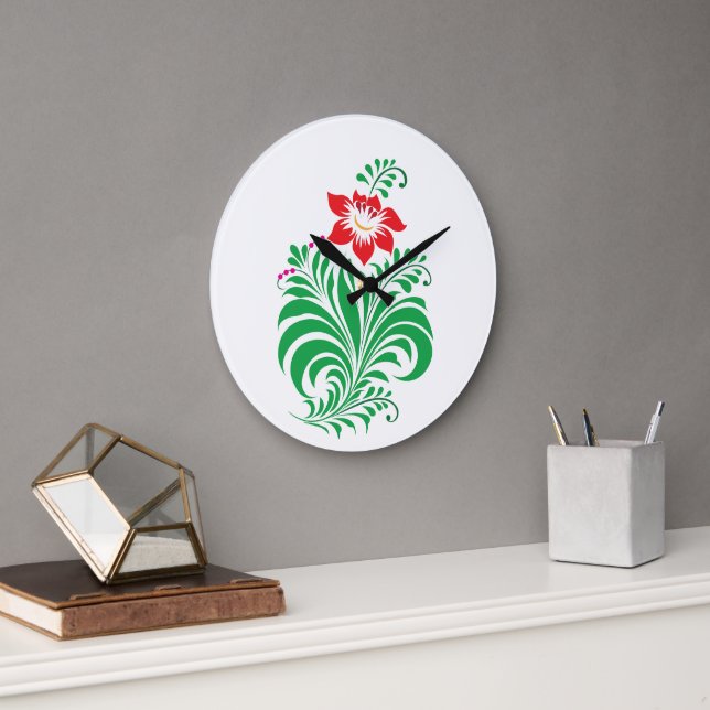 Ornamental Floral Flower Design – Elegant Große Wanduhr (Büro)