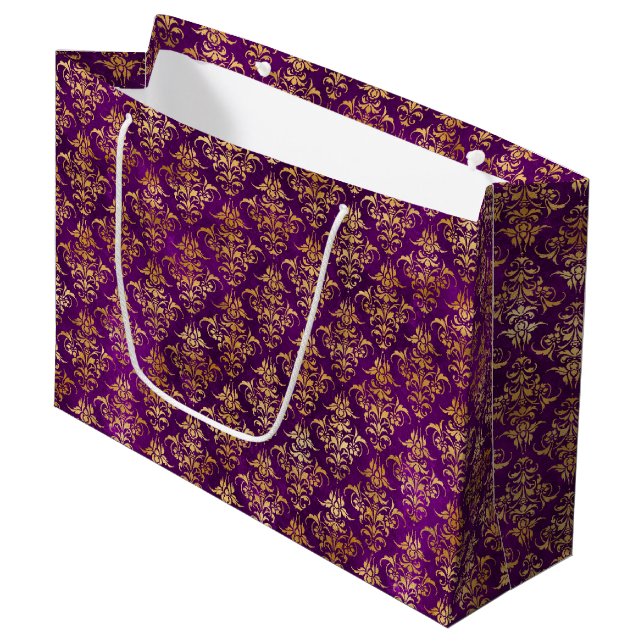 Ornamental Purple & Gold Damask Pattern Große Geschenktüte (Vorderseite Schrägansicht)