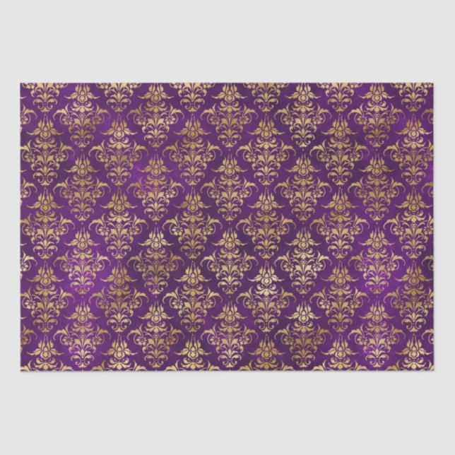 Ornamental Purple & Gold Damask Pattern Seidenpapier (Vorderseite)