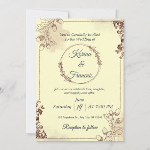 Ornamentale Creme- und Burgunder-Hochzeitseinladun Einladung