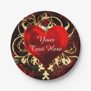 Ornamentales Blumenherz Schwarz Rot Gold Party Pappteller