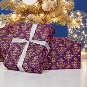 Ornamentales lila und goldenes Damastmuster Geschenkpapier