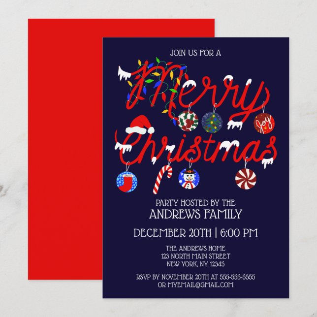 Ornamente Lichter Snowy Frohe Weihnachts-Party Einladung (Vorne/Hinten)