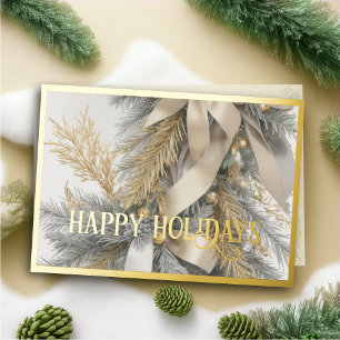 Ornamente Satin Ribbon Flocking Evergreen Gray Gol Feiertagskarte