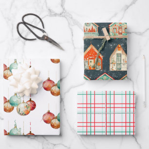 Ornamente, Schneehäuser und Weihnachten Kariert Geschenkpapier Set