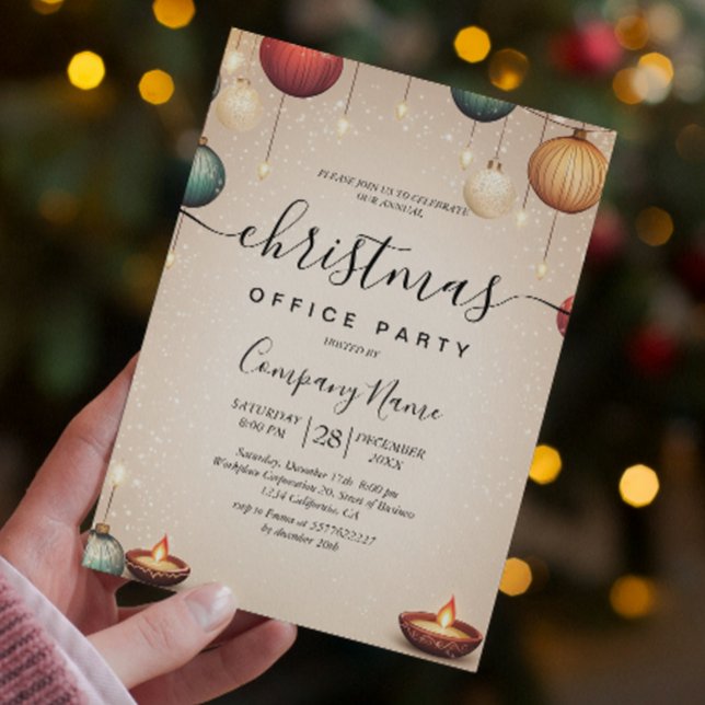 Ornamente und Kerzen Beige Weihnachtsbüros Party Einladung (Von Creator hochgeladen)
