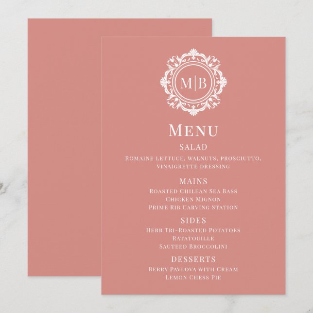 Ornat Floral Monogram Rose Gold Mariage Menu (Devant / Derrière)