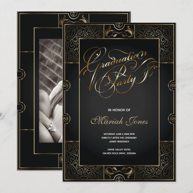 Ornat Noir/Or Art Déco GRADUATION Invitation (Devant / Derrière)
