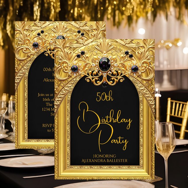 Ornate Birthday Party Black Gold Lace Diamonds Gem Einladung (Von Creator hochgeladen)