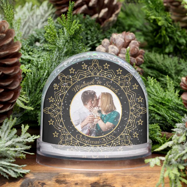 Ornate Black and Gold Frame Custom Photo Schneekugeln (Winter)