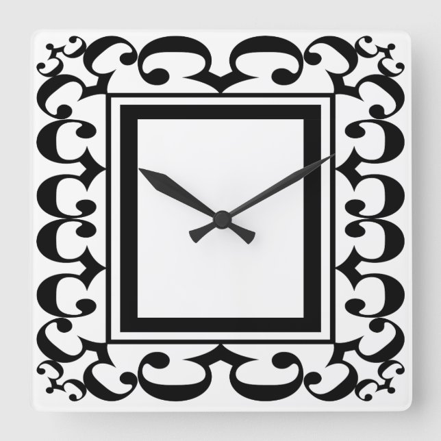 Ornate Black and White Framed Clock Quadratische Wanduhr (Vorderseite)