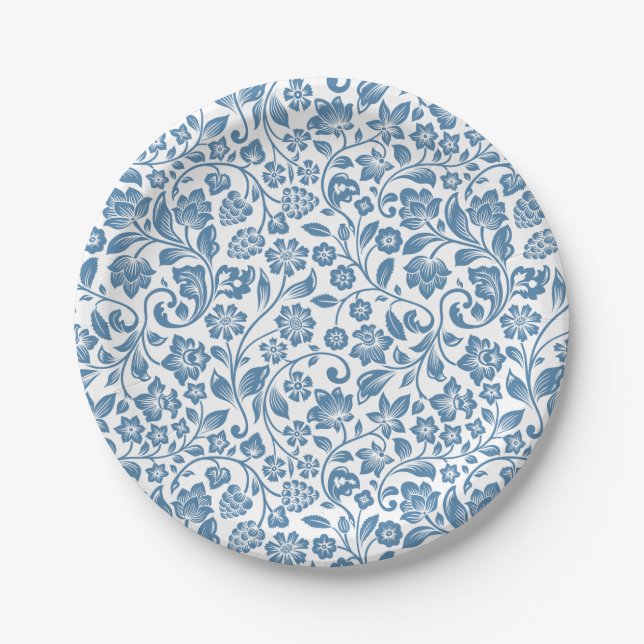 Ornate Blue and White Floral Vines Pattern Pappteller (Vorderseite)