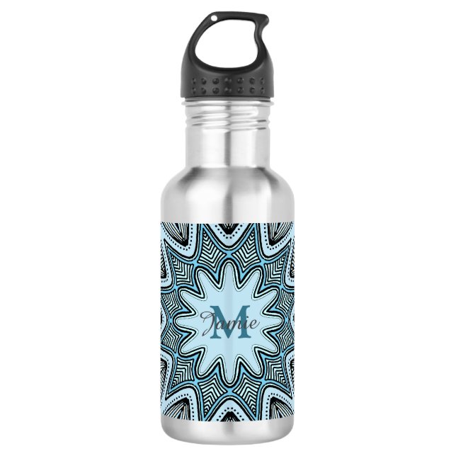 Ornate Blue Monogram Mandala Personalised Edelstahlflasche (Vorderseite)