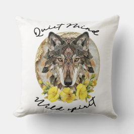 Ornate Boho Wolf with Yellow Flowers Kissen