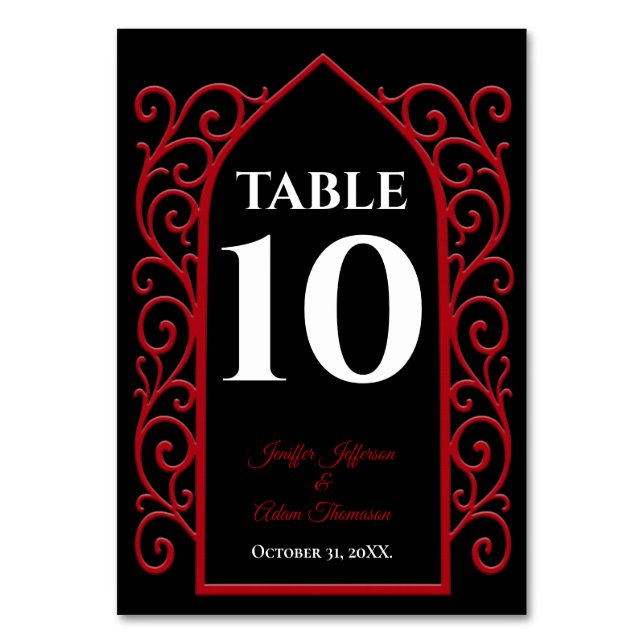 Ornate border black and red Gothic Wedding Tischnummer (Vorderseite)