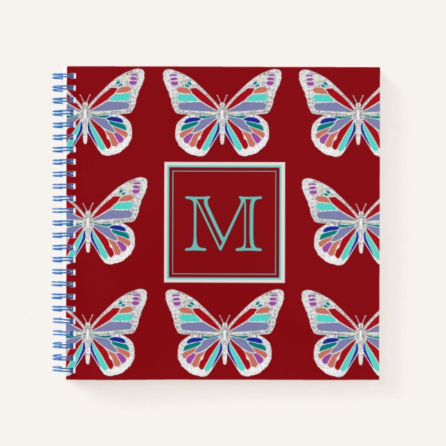 Ornate Butterflies Burgundy Pattern Monogram Notizbuch (Vorderseite)