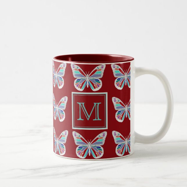 Ornate Butterflies Burgundy Pattern Monogram Zweifarbige Tasse (Rechts)