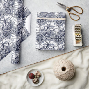 Ornate Chic Antik Niederländisch Delft Blau Kunst  Geschenkpapier
