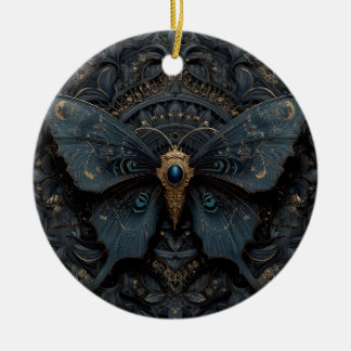 Ornate Dark Blue Butterfly with Gold Filigree Keramik Ornament