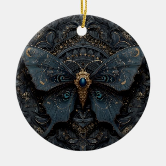 Ornate Dark Blue Butterfly with Gold Filigree  Keramik Ornament (Vorne)