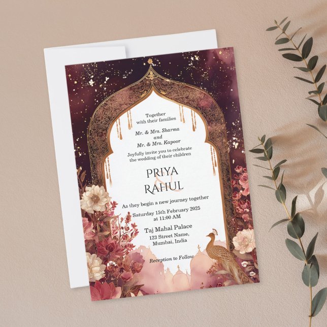 Ornate Elegant Gold Floral Indian Arch Wedding Einladung (maroon and gold floral indian arch wedding invitation)