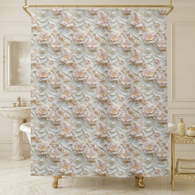 Ornate Floral  Duschvorhang (elegant luxury pearl white pale pink floral shower curtain)