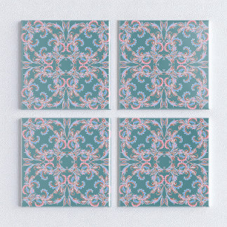Ornate Floral Filigree Tile in Teal Blue Fliese