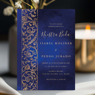 Ornate Floral Gold Blau Unsere Hochzeit Einladung