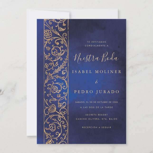 Ornate Floral Gold Blue Nuestra Boda Wedding Einladung (Vorderseite)