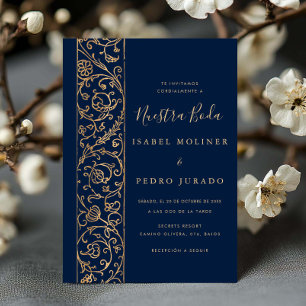 Ornate Floral Gold Navy Nuestra Boda Hochzeit Einladung
