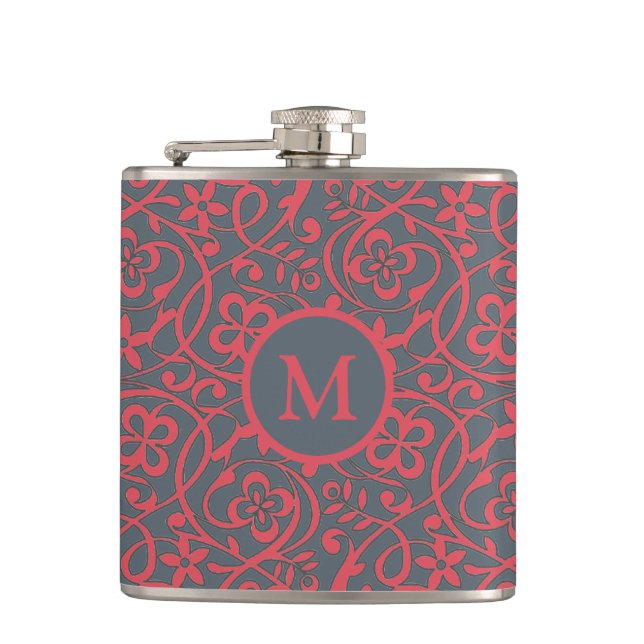 Ornate Floral Pattern in Pink and Grey Monogram Flachmann (Vorderseite)