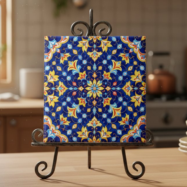 Ornate Floral Vibrant Blue Gold Mediterranean Fliese (Von Creator hochgeladen)