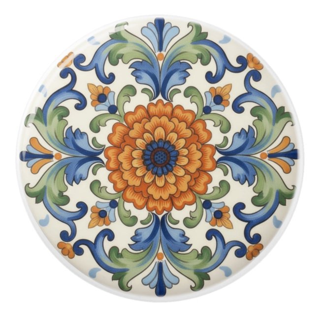 Ornate Flower Blue Orange Green Floral Keramikknauf (Vorderseite)