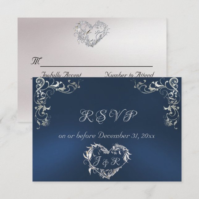 Ornate Frame & Heart - Blue/Silver RSVP Karte (Vorne/Hinten)