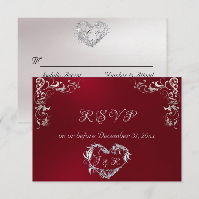 Ornate Frame & Heart - Red/Silver RSVP Karte (Vorne/Hinten)
