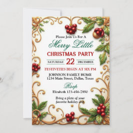 Ornate Gold Border with Holly Christmas Party Einladung