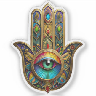 Ornate Gold Colorful Hamsa Green on Red Third Eye Aufkleber