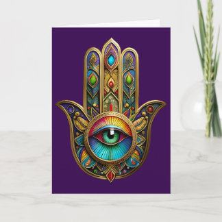Ornate Gold Colorful Hamsa Green on Red Third Eye Karte