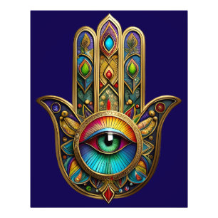 Ornate Gold Farbige Hamsa Grün auf Rotem Dritten A Fotodruck