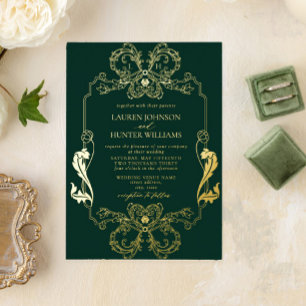 Ornate Gold-Grün-Blumen-Linienkunst-Monogramm-Hoch Folieneinladung