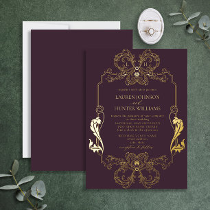 Ornate Gold-Purple Blumenlinie Monogramm-Hochzeit Folieneinladung