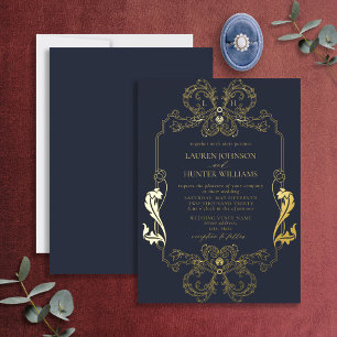 Ornate Goldene Blaue Florale Linienkunst Monogramm Folieneinladung