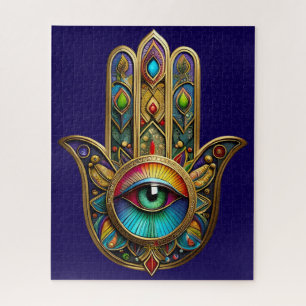 Ornate Goldfarbene Hamsa Grün auf Rotem Dritten Au